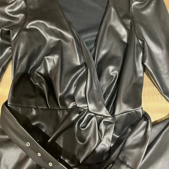 Black Leather V-neck Mini Dress - Picture 3 of 5